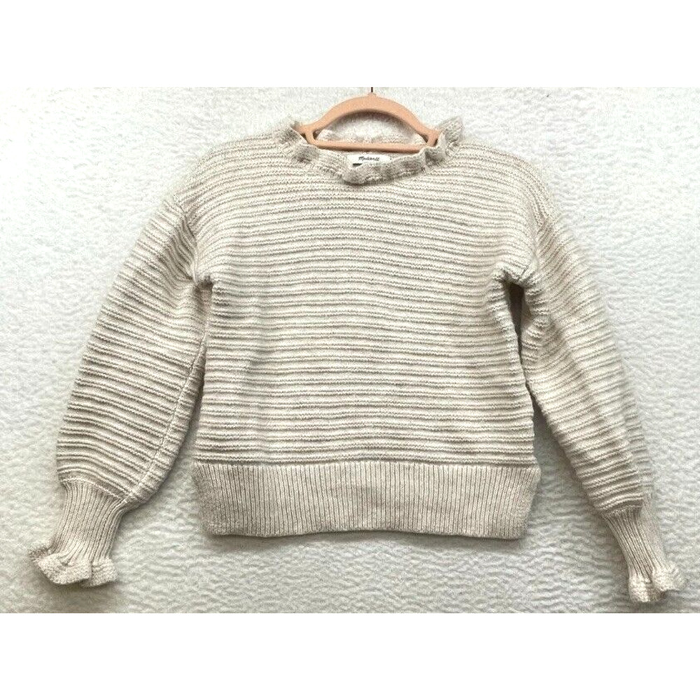Madewell Sweater Womens XS Cream Ruffle Neck Merino Wool Knit Cozy Pullover Prep